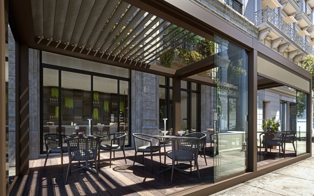 Bioclimatic pergola with adjustable sunscreen bladesto protect seats in a bar or restaurant from sun and rain