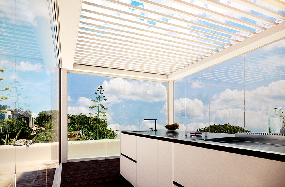 Pergola bioclimatica Connect ospita una moderna cucina da esterno