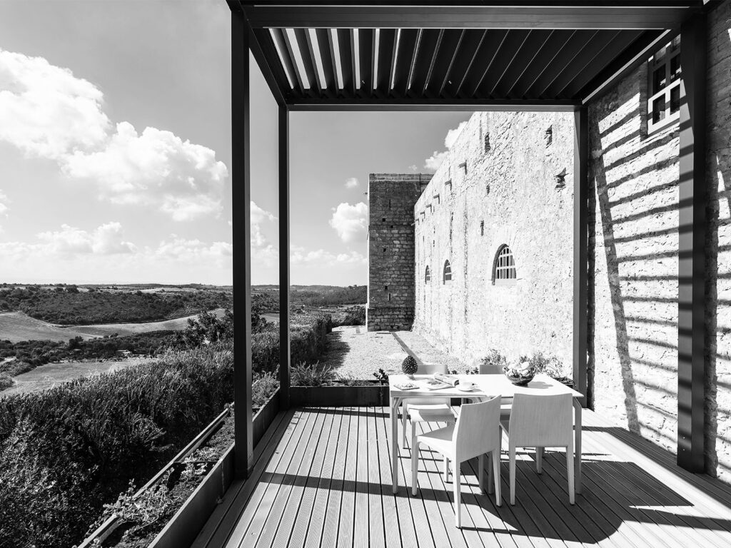 Vision bioclimatic pergola at Wine Relais Feudi del Pisciotto, in the Val di Noto